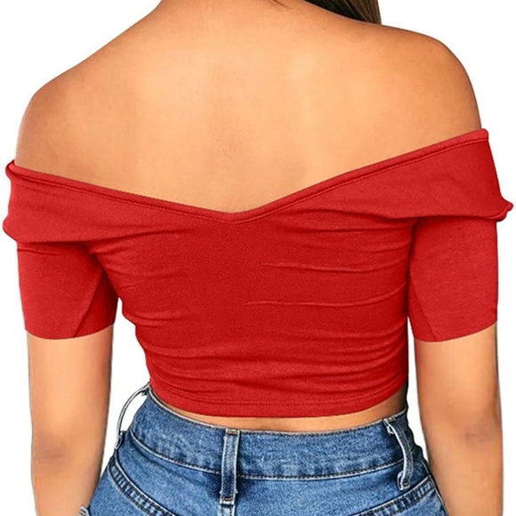 Women's Sexy Off Shoulder V Neck Short Sleeves Club Crop Top - Picture 2 of 3